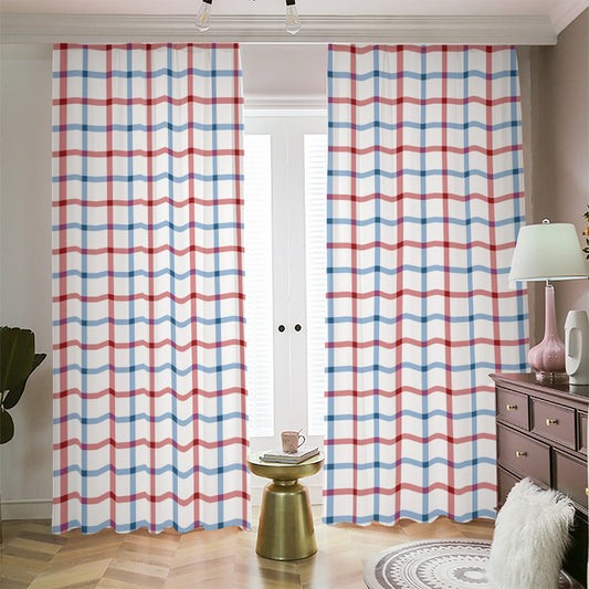 Red And Blue Tattersall Pattern Print Blackout Pencil Pleat Curtains