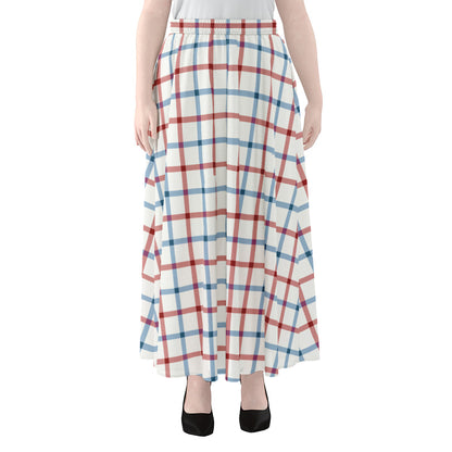 Red And Blue Tattersall Pattern Print Chiffon Maxi Skirt