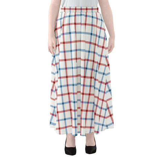 Red And Blue Tattersall Pattern Print Chiffon Maxi Skirt