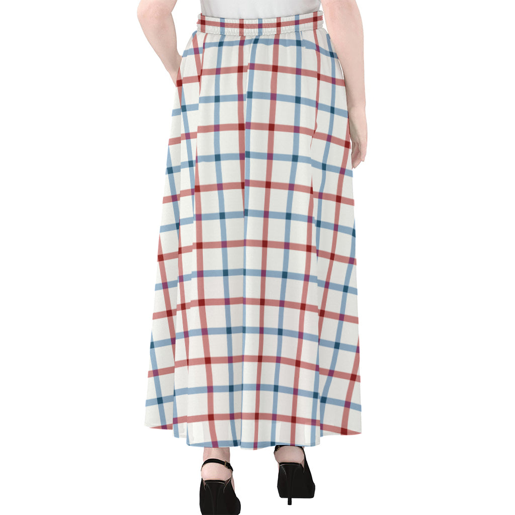Red And Blue Tattersall Pattern Print Chiffon Maxi Skirt
