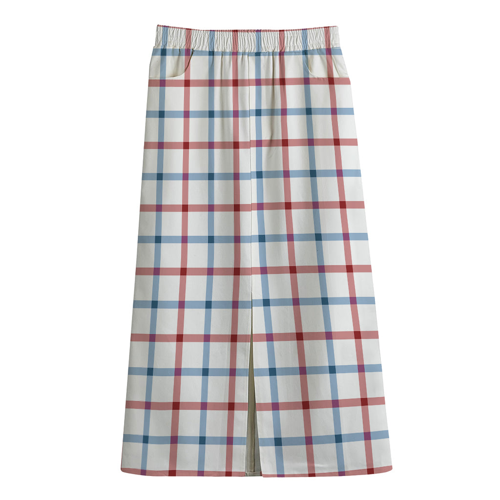 Red And Blue Tattersall Pattern Print Cotton Front Slit Maxi Skirt