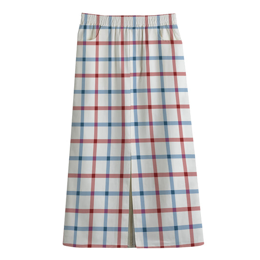 Red And Blue Tattersall Pattern Print Cotton Front Slit Maxi Skirt