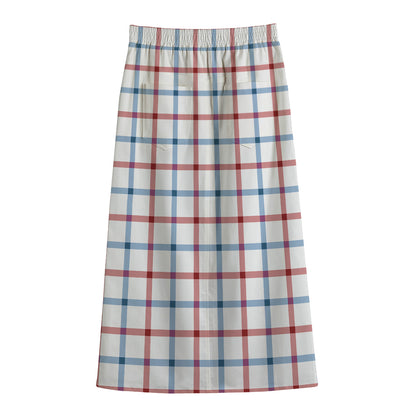Red And Blue Tattersall Pattern Print Cotton Front Slit Maxi Skirt