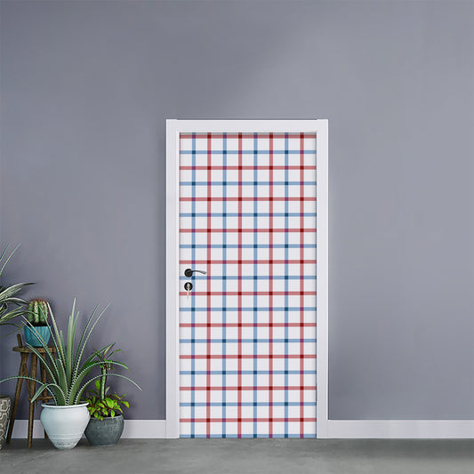 Red And Blue Tattersall Pattern Print Door Sticker