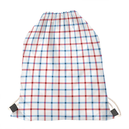 Red And Blue Tattersall Pattern Print Drawstring Bag