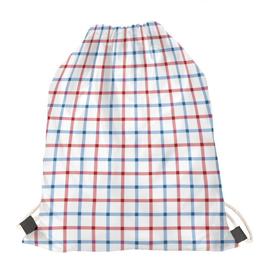 Red And Blue Tattersall Pattern Print Drawstring Bag