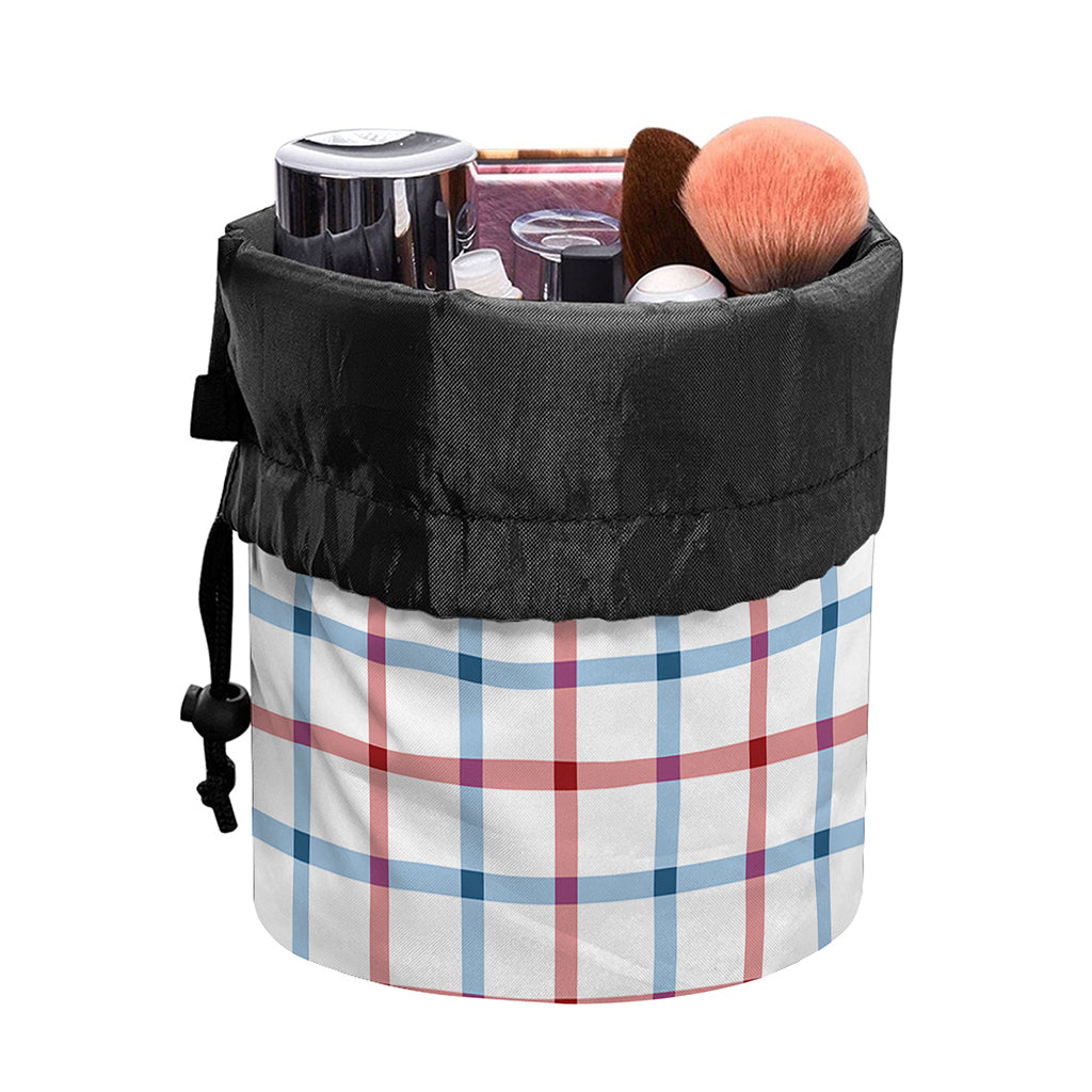 Red And Blue Tattersall Pattern Print Drawstring Makeup Bag