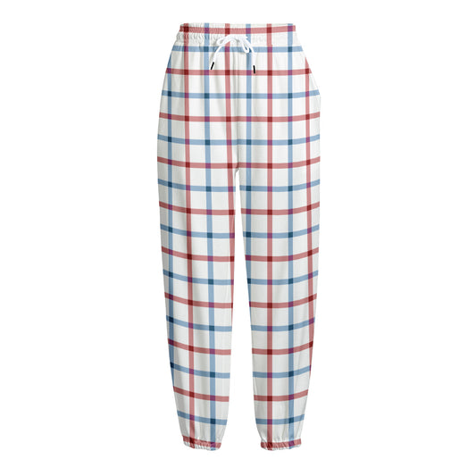 Red And Blue Tattersall Pattern Print Fleece Lined Knit Pants