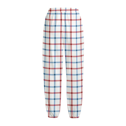 Red And Blue Tattersall Pattern Print Fleece Lined Knit Pants
