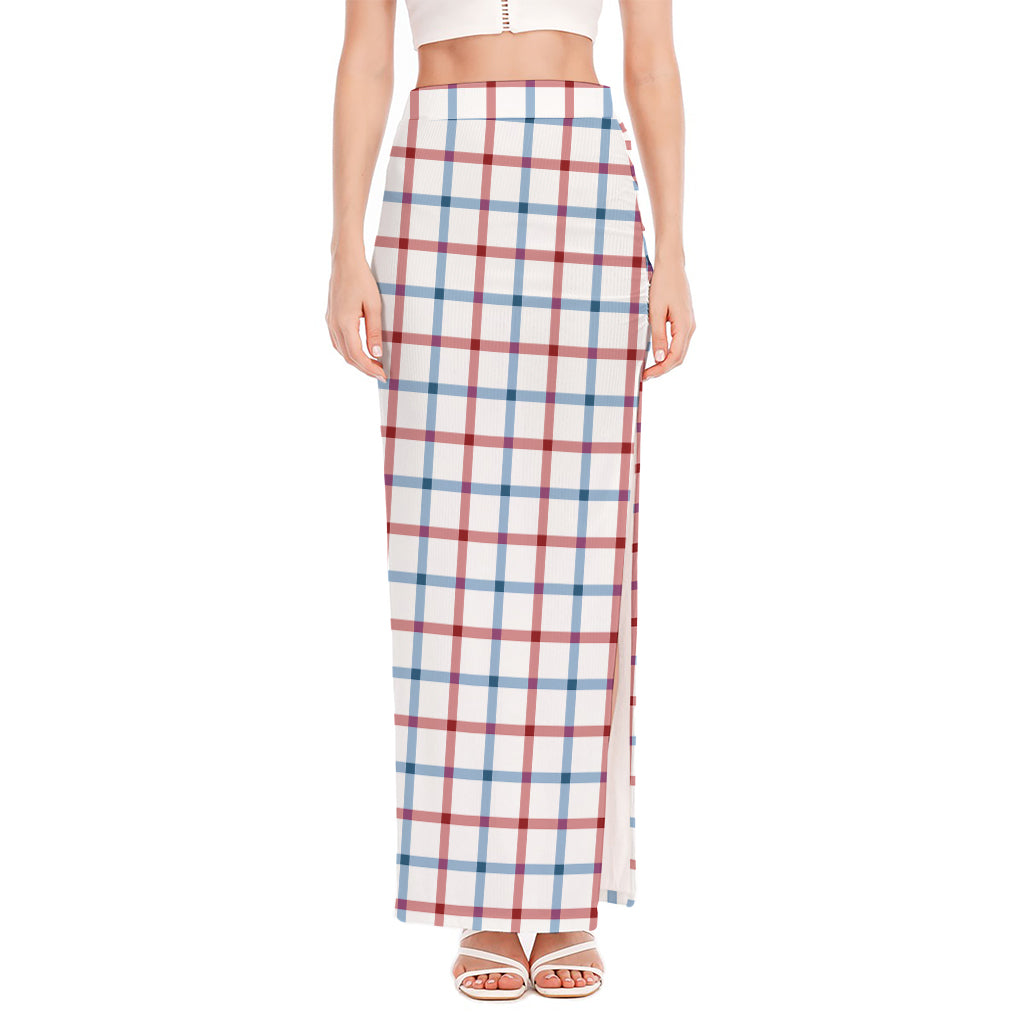 Red And Blue Tattersall Pattern Print High Slit Maxi Skirt