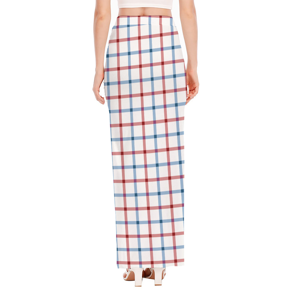 Red And Blue Tattersall Pattern Print High Slit Maxi Skirt