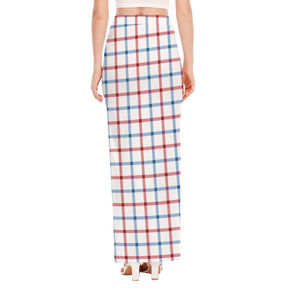 Red And Blue Tattersall Pattern Print High Slit Maxi Skirt