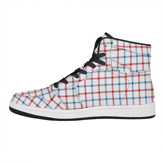 Red And Blue Tattersall Pattern Print High Top Leather Sneakers
