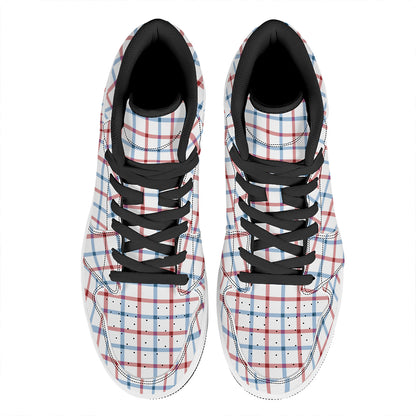 Red And Blue Tattersall Pattern Print High Top Leather Sneakers
