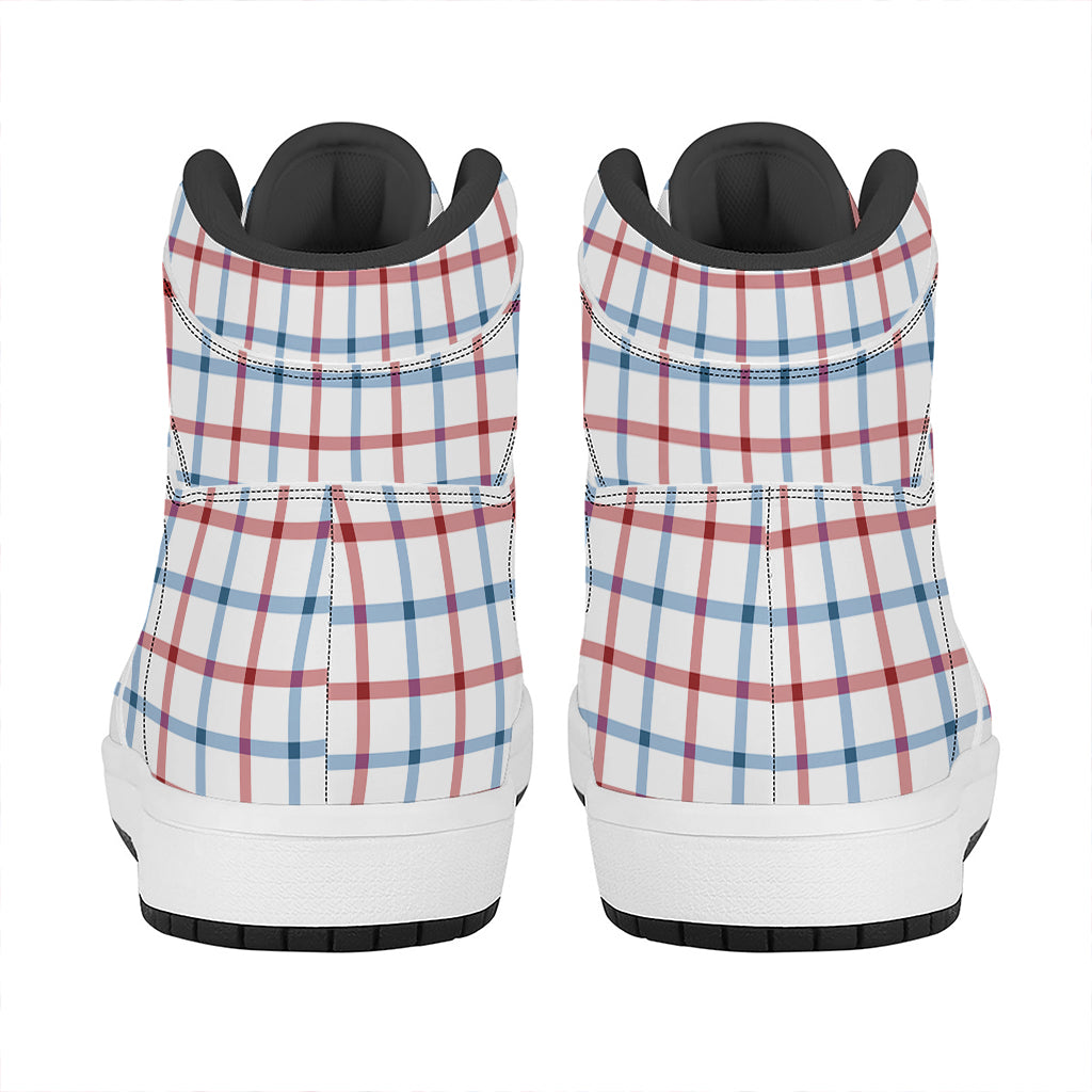 Red And Blue Tattersall Pattern Print High Top Leather Sneakers