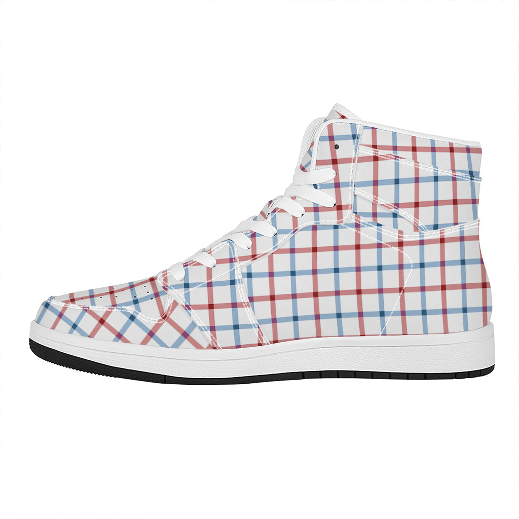 Red And Blue Tattersall Pattern Print High Top Leather Sneakers