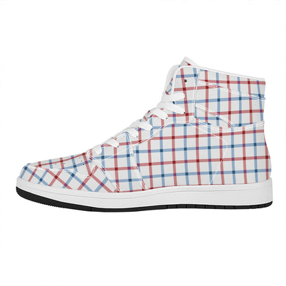 Red And Blue Tattersall Pattern Print High Top Leather Sneakers