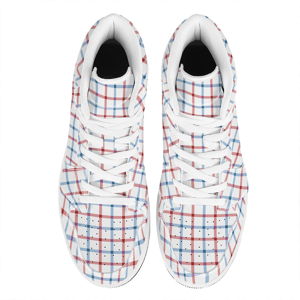 Red And Blue Tattersall Pattern Print High Top Leather Sneakers