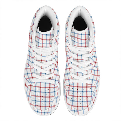 Red And Blue Tattersall Pattern Print High Top Leather Sneakers
