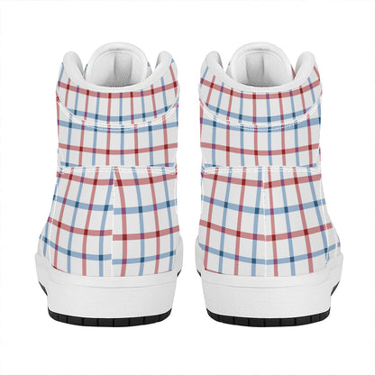 Red And Blue Tattersall Pattern Print High Top Leather Sneakers