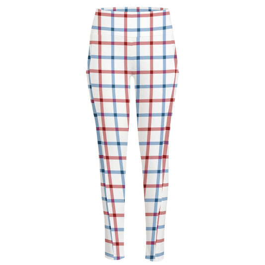 Red And Blue Tattersall Pattern Print High-Waisted Pocket Leggings