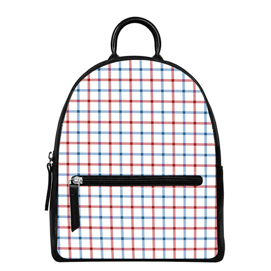 Red And Blue Tattersall Pattern Print Leather Backpack