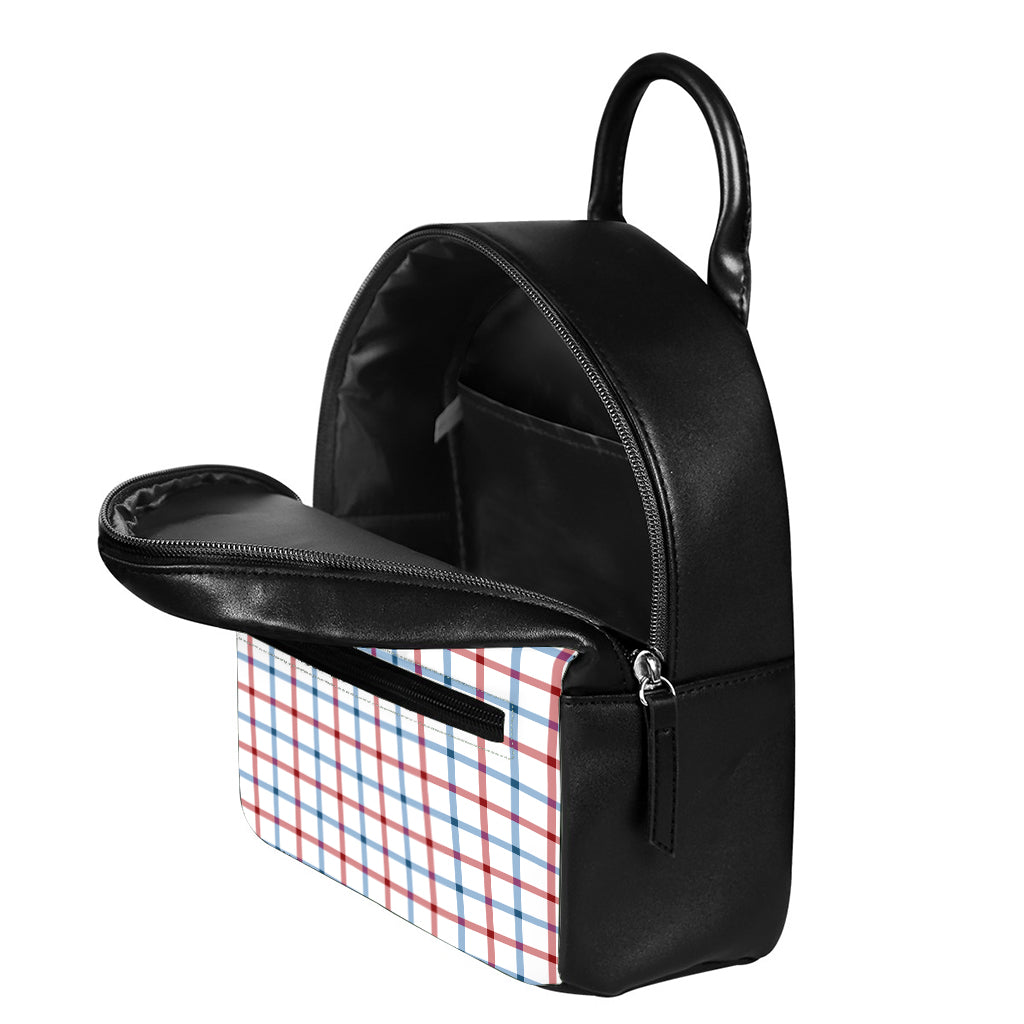 Red And Blue Tattersall Pattern Print Leather Backpack