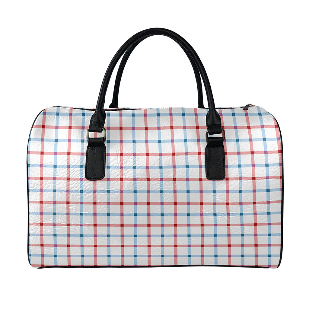 Red And Blue Tattersall Pattern Print Leather Duffle Bag