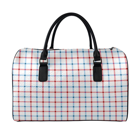 Red And Blue Tattersall Pattern Print Leather Duffle Bag