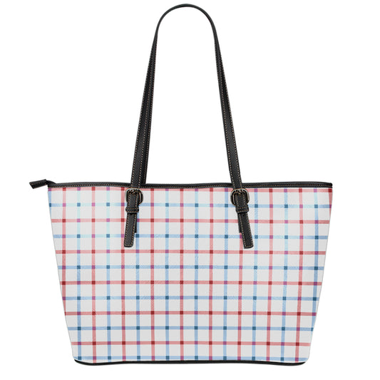 Red And Blue Tattersall Pattern Print Leather Tote Bag