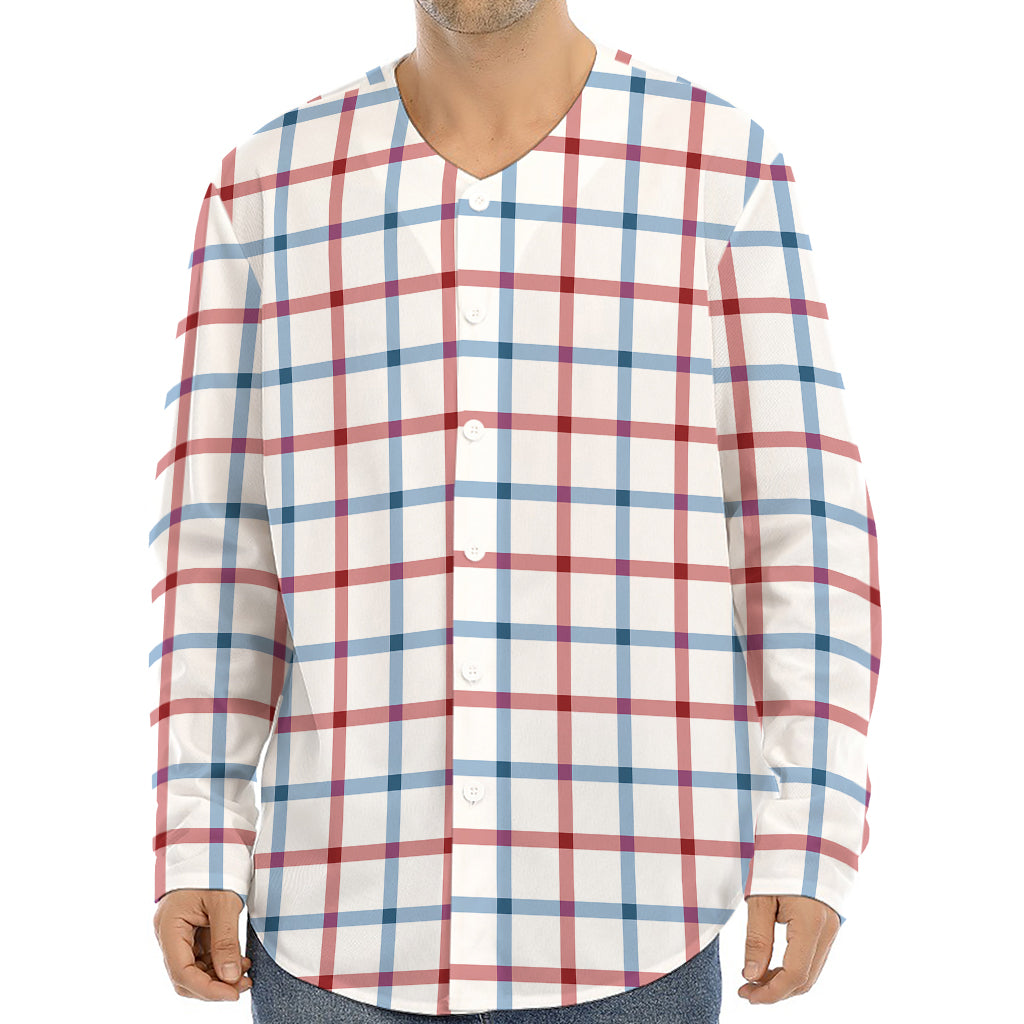 Red And Blue Tattersall Pattern Print Long Sleeve Baseball Jersey