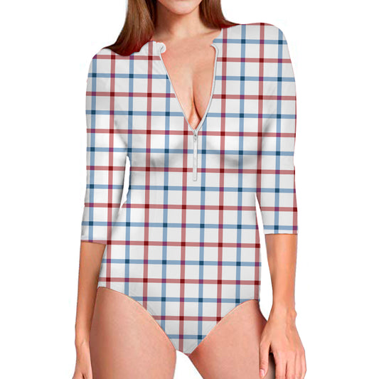 Red And Blue Tattersall Pattern Print Long Sleeve Swimsuit