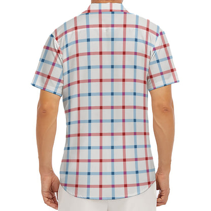 Red And Blue Tattersall Pattern Print Men's Deep V-Neck Shirt