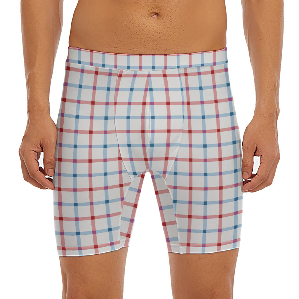 Red And Blue Tattersall Pattern Print Men's Long Boxer Briefs