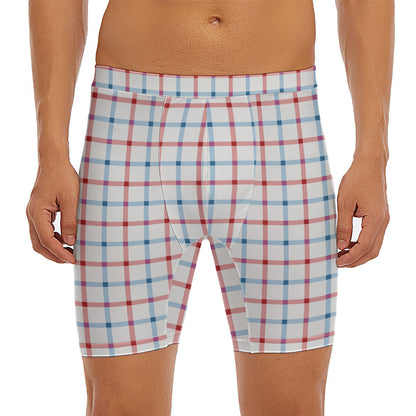 Red And Blue Tattersall Pattern Print Men's Long Boxer Briefs