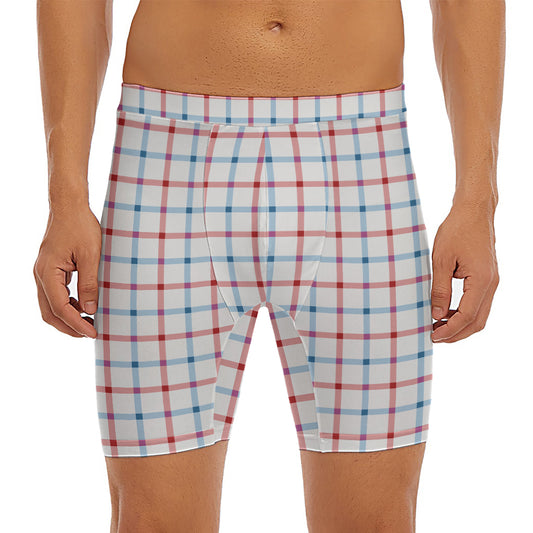 Red And Blue Tattersall Pattern Print Men's Long Boxer Briefs