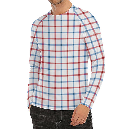 Red And Blue Tattersall Pattern Print Men's Long Sleeve Rash Guard