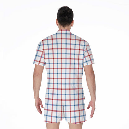 Red And Blue Tattersall Pattern Print Men's Rompers