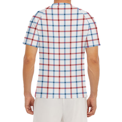 Red And Blue Tattersall Pattern Print Men's Short Sleeve Rash Guard