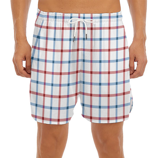 Red And Blue Tattersall Pattern Print Men's Split Running Shorts