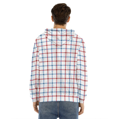 Red And Blue Tattersall Pattern Print Men's Velvet Pullover Hoodie