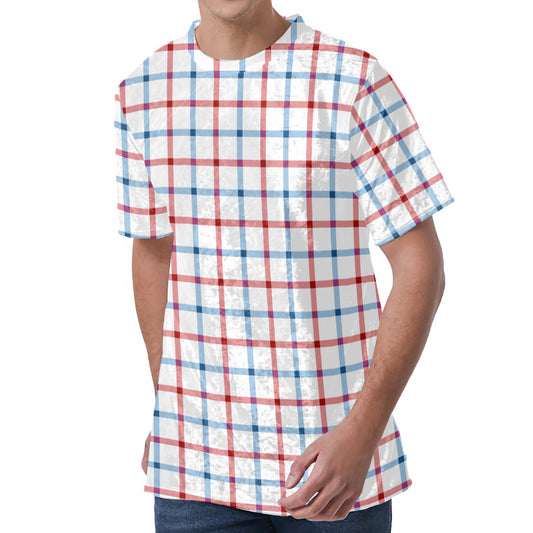 Red And Blue Tattersall Pattern Print Men's Velvet T-Shirt