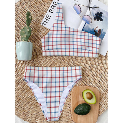 Red And Blue Tattersall Pattern Print One Shoulder Bikini Top