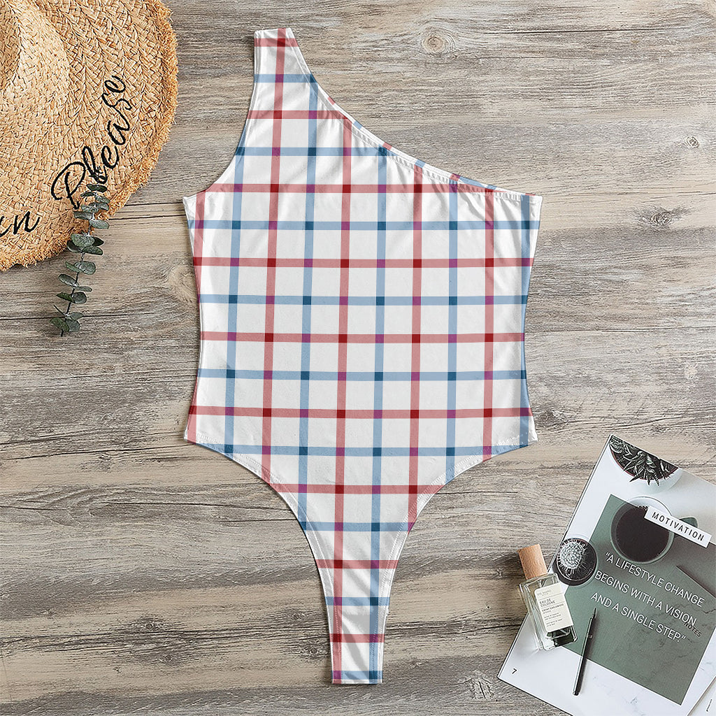 Red And Blue Tattersall Pattern Print One Shoulder Bodysuit
