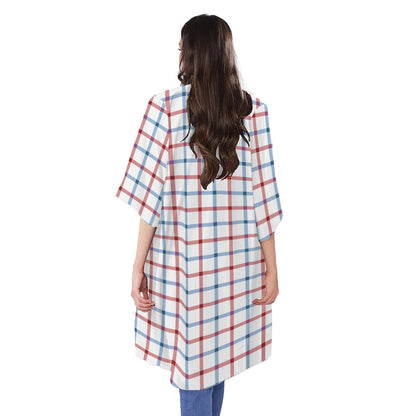 Red And Blue Tattersall Pattern Print Open Front Beach Cover Up