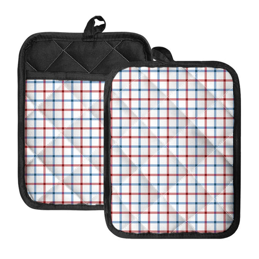 Red And Blue Tattersall Pattern Print Pot Holders With Pocket