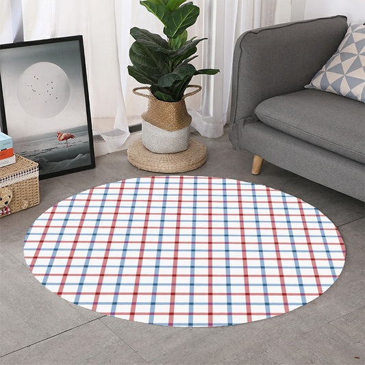 Red And Blue Tattersall Pattern Print Round Rug