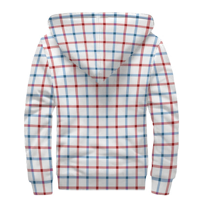 Red And Blue Tattersall Pattern Print Sherpa Lined Zip Up Hoodie