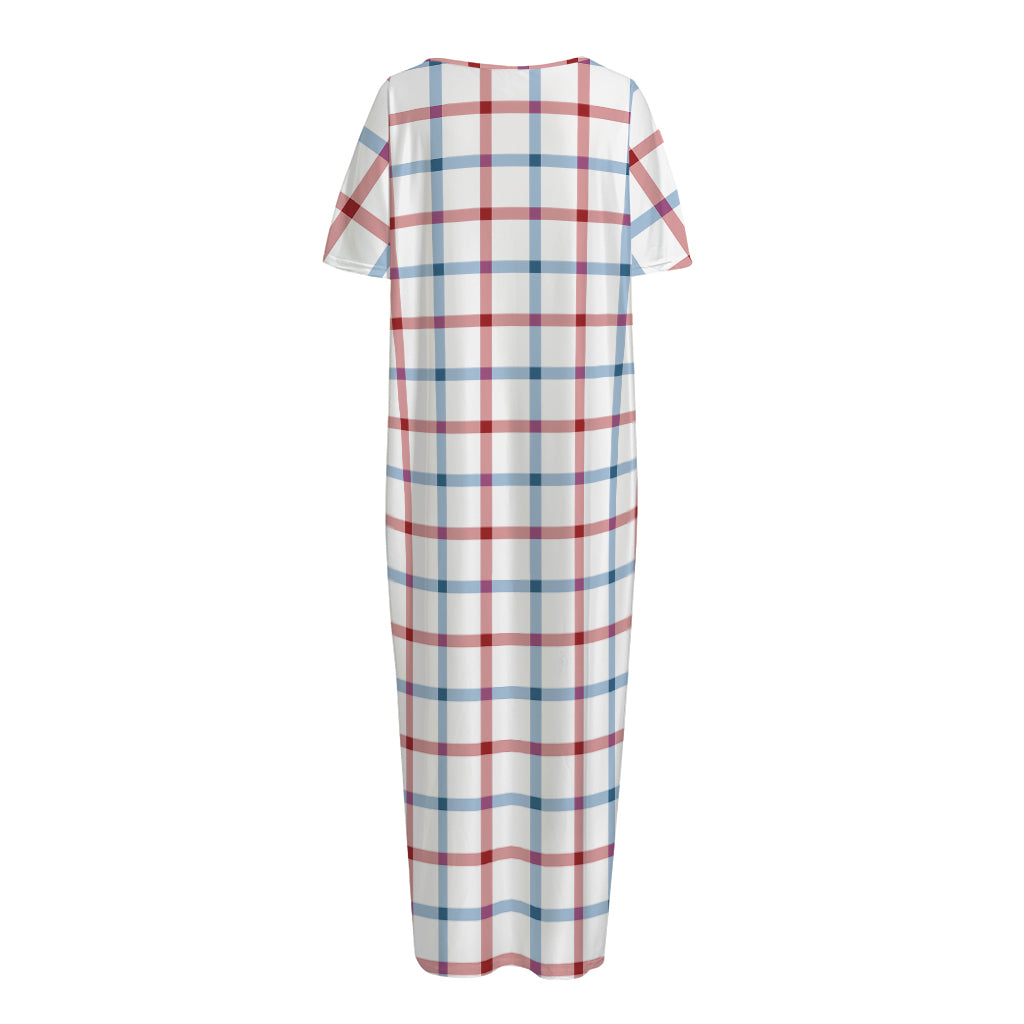 Red And Blue Tattersall Pattern Print Short Sleeve Long Nightdress