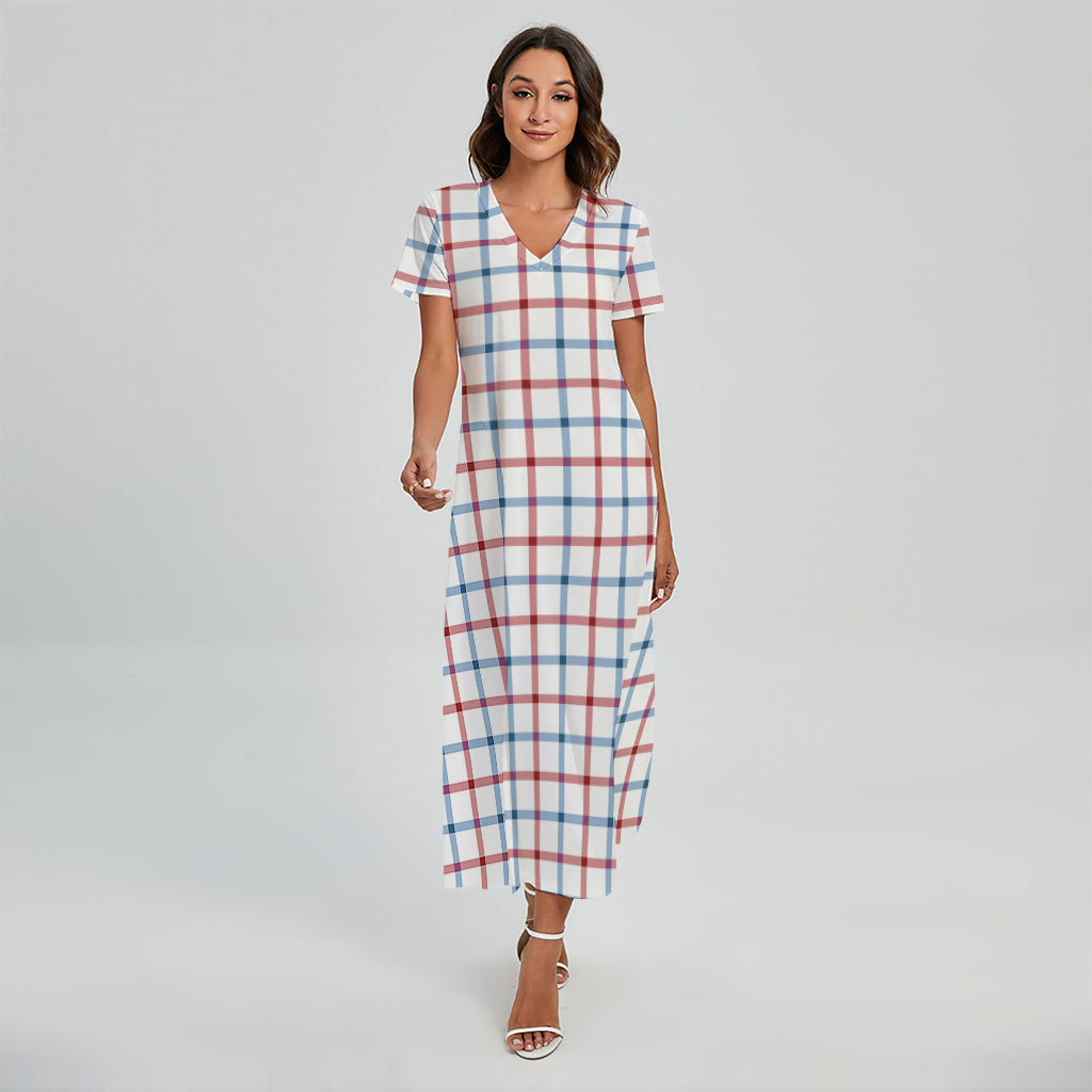 Red And Blue Tattersall Pattern Print Short Sleeve Maxi Dress